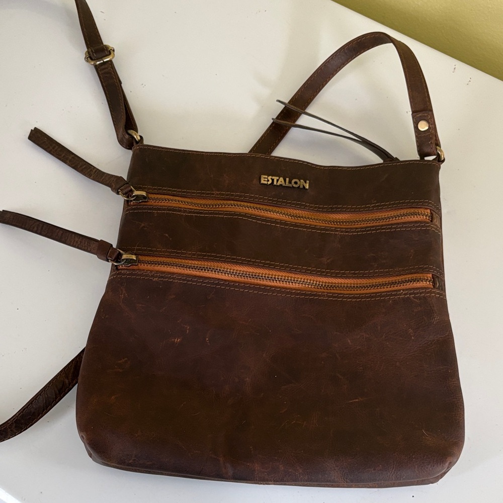 Estalon Dark Brown Leather Zip Top Crossbody Bag